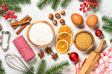 Christmas baking background on white table.