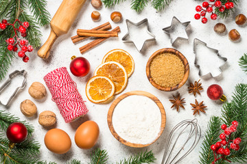 Fototapeta na wymiar Christmas baking background on white table.