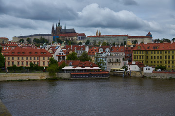 View of the Cathedral of St. Vitus, the Vltava River, Prague, Czech Republic.