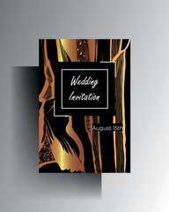 Wedding invitation design. Hand-drawn golden texture frame on a black background. Vector 10 EPS.