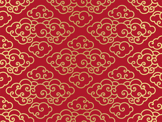 Chinese clouds traditional seamless background.Red and gold color. - Vector.