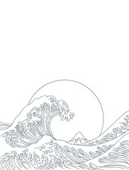 Big Asian ocean wave and the big sun and the mountain illustration. Isolated on copyspace white background. Ocean of Kanagawa.Single line stroke. 