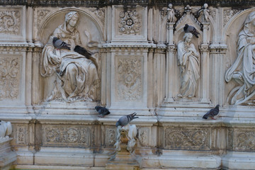 Birds on a sculpture on The Fonte Gaia (Fountain of the World) a fountain in Siena, Italy