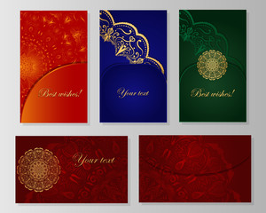 Vector set of holiday envelopes, invitations, cards with the image of a mandala and its elements on orange, blue, green and brown backgrounds.