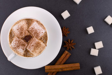 Cup of coffee with marshmallows and cocoa, sugar, cinnamon and star anise, on a gray stone...