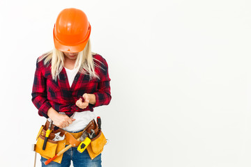 blonde architect woman in shirt wearing Yellow Safety helmet isolated on white