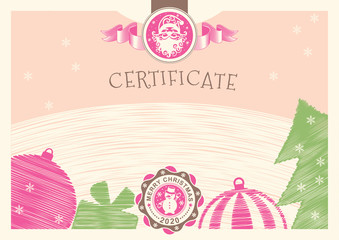 Christmas beige certificate with pink Santa Claus and Snowman in stamp.