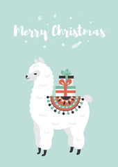 Merry Christmas greeting card. Cute Lama with gift boxes. Vector illustration.
