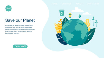 Vector landing page layout with planet Earth. Concept illustration of environmental protection. Flat style illustration. - 301615253