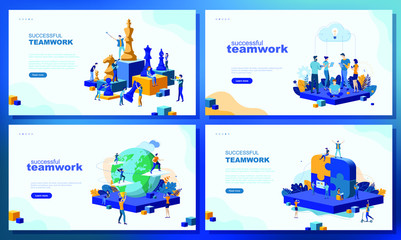 Trendy flat illustration. Set of web page concepts. Successful teamwork. People work. Business strategy. Teamwork and competition. Chess game.Template for your design works. Vector graphics.
