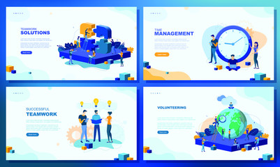 Trendy flat illustration. Set of web page concepts. Teamwork solutions. Time management. Successfil teamwork. Volunteering. Teamwork metaphor concept. Template for your design works. Vector graphics.