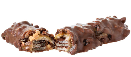  Chocolate bar with peanut and puffed rice isolated