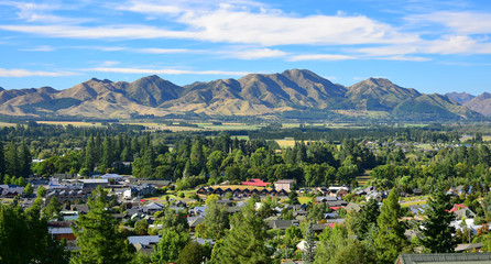 The small town Hanmer Springs in New Zealand with mountains in the background. Canterbury, South...