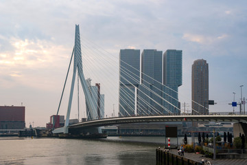 Rotterdam Skyline with Erasmusbrug bridge in the morning, Netherlands.