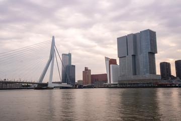 Rotterdam Skyline with Erasmusbrug bridge in the morning, Netherlands.
