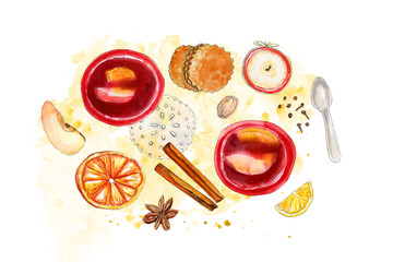 Cozy red and brown horizontal flatlay winter composition with mulled wine