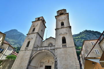 Fototapeta na wymiar Clock Tower at St. Tryphon Cathedral in Old Town, Kotor, Montenegro