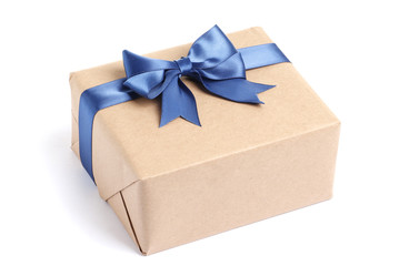 craft gift box with blue bow on white