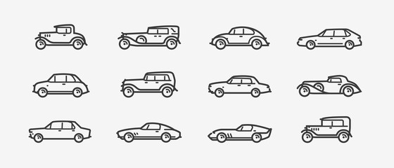 Car icon set. Transport, transportation symbol in linear style. Retro vector - obrazy, fototapety, plakaty