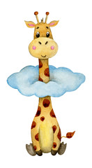 Watercolor cute giraffe looking out of a small cloud Isolated on a white background.