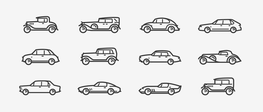 Car icon set. Transport, transportation symbol in linear style. Retro vector