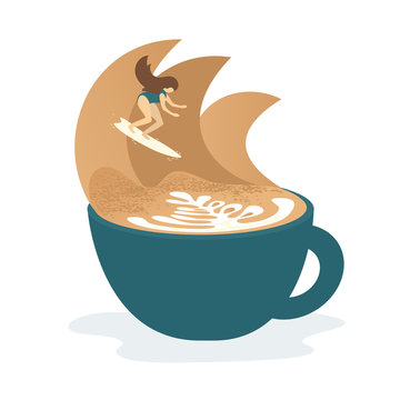 Vector illustration of girl with surfboard riding waves in cup of cappuccino. Concept surf and coffee for coffee shop or house, cafe, surf school. Design for banner, flyer, print, poster, textile, web