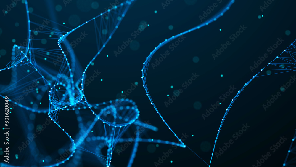 Fototapete Abstract digital connection dots and lines. DNA structure. Data technology background. Sound wave. 3d rendering.