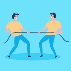 Men make every effort to pull the rope on themselves. Tough competition. Metaphor a lot of willpower. Fight with yourself. Overcome obstacles. Internal self-examination. Vector