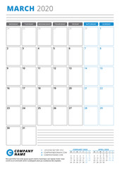 Calendar template for March 2020. Business planner. Stationery design. Week starts on Monday. Portrait orientation. Vector illustration