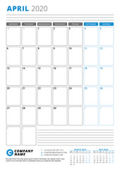 Calendar template for April 2020. Business planner. Stationery design. Week starts on Monday. Portrait orientation. Vector illustration
