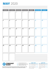 Calendar template for May 2020. Business planner. Stationery design. Week starts on Monday. Portrait orientation. Vector illustration