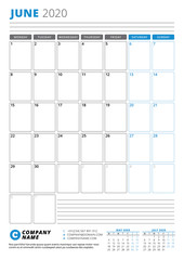 Calendar template for June 2020. Business planner. Stationery design. Week starts on Monday. Portrait orientation. Vector illustration