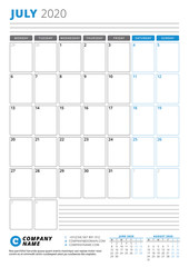 Calendar template for July 2020. Business planner. Stationery design. Week starts on Monday. Portrait orientation. Vector illustration