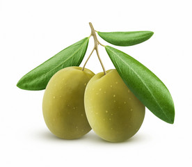 Green olives with leaves isolated on white background