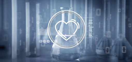 View of a heart icon surrounded by data on a lab background