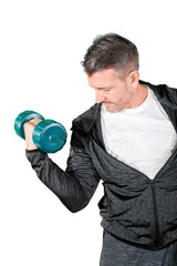 Caucasian man lifting a dumbbell on studio