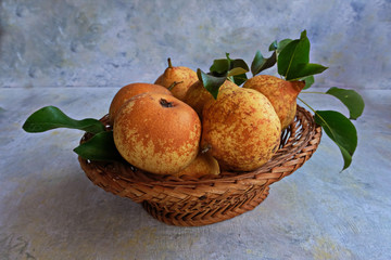 Useful fruit for vegan and Keto diet. Fresh yellow pears lie on gray boards in a wicker basket.