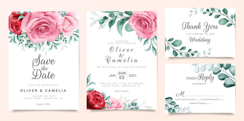 Elegant wedding invitation card template set with burgundy and peach watercolor flowers decor. Floral background for save the date, invitation, greeting card, poster, multi-purpose