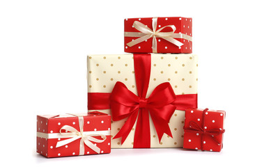 Stylish red christmas gift box isolated on white background