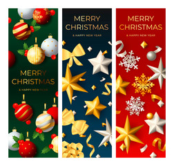 Merry Christmas green, blue, red banner set with baubles, stars