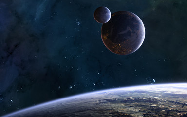 Planets in deep space, beautiful cosmic landscape. Science fiction. Elements of this image furnished by NASA