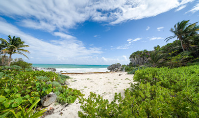 beach of the archeological area , Tulum, Quintana Roo, Yucatan peninsula, Mexico