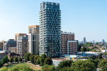 Fototapeta na wymiar Skyline of London from Lewisham Shopping Centre showing the Renaissance apartment complex in foreground