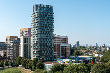 Skyline of London from Lewisham Shopping Centre showing the Renaissance apartment complex in...