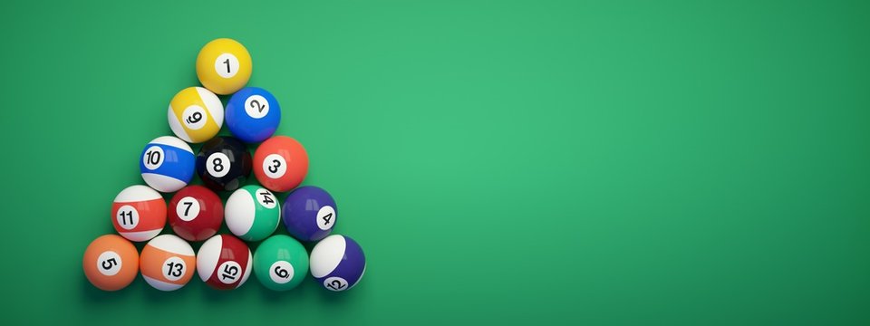 Billiard balls placed in the shape of a triangle.