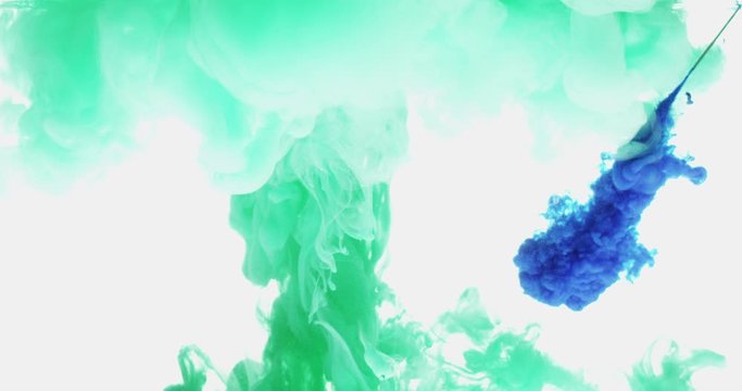 Abstract shot of ink spillage in water, liquid diffusion, blue and green paints, isolated, shot on Red Weapon Helium, Laowa Probe Macro 24mm, slow motion, underwater clouds