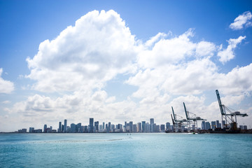 Bright day over Port of Miami and Downtown Miami