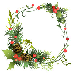 Christmas frame design with fir branches, holly berry and meadow herbs. Vector illustration.