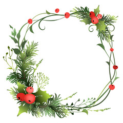 Festive decorative Christmas frame with fir branches, holly berry and meadow herbs. Vector illustration.