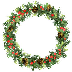 Fototapeta na wymiar Christmas spruce wreath with red berries. Pine wreath. Fir new year wreath. Decorative element. Vector illustration.